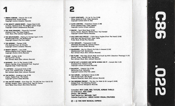 Image of Back Cover of Cassette - VG/VG - VARIOUS, C86 (New Musical Express; NME 022, UK 1986), J-card is intact but a bit worn, sticker stain on side one label, plays well.,  - 2316198C