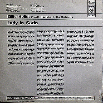 Image of Back Cover of LP - VG/VG - BILLIE HOLIDAY WITH RAY ELLIS AND HIS ORCHESTRA, Lady In Satin (CBS; S 52540, Netherlands 1969 Reissue, Picture Sleeve), Strong VG, Writing On Front Sleeve,  - 2826173E