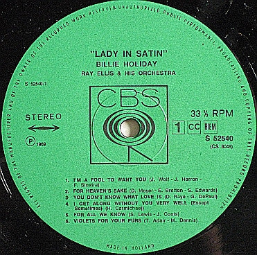 Image of Label Cover of LP - VG/VG - BILLIE HOLIDAY WITH RAY ELLIS AND HIS ORCHESTRA, Lady In Satin (CBS; S 52540, Netherlands 1969 Reissue, Picture Sleeve), Strong VG, Writing On Front Sleeve,  - 2826173E