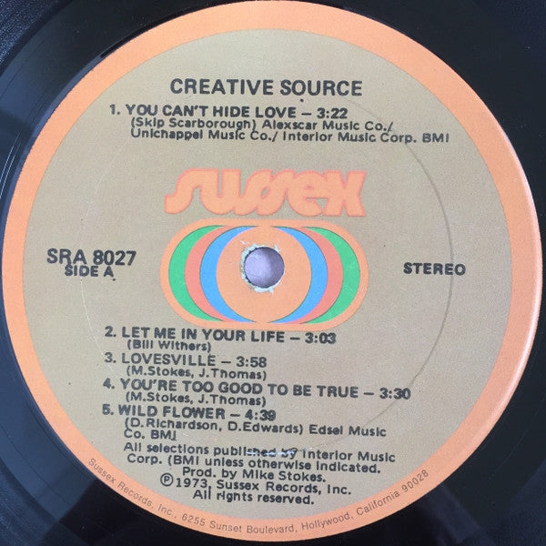 Image of Label Cover of LP - VG+/G+ - CREATIVE SOURCE, Creative Source (Sussex; SRA 8027, US 1973, Gatefold, Sonic Pressing), Light markson disc. Plays above grade.,  - 4126301E