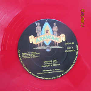 Image of Front Cover of 12" - /G - SHARON & MARVA, Missing You / Come Go With Me (Arawak; ARK DD 034, UK 1980s, Red Vinyl), Light marks. Clean labels. Plays G+/VG.,  - 3746493S