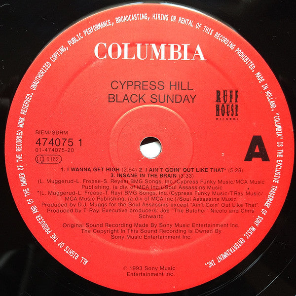 Image of Label Cover of LP - VG/G+ - CYPRESS HILL, Black Sunday (Ruffhouse Records; 4740751, Europe 1993, Gatefold, 2 Inners), Light scratches & hairlines, edge wear, creased Inners,  - 4146158S