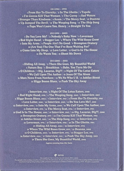 Image of Back Cover of 3xCD - M/M - NICK CAVE & THE BAD SEEDS, Lovely Creatures (The Best Of Nick Cave and The Bad Seeds) (Mute; CDSEEDS15X, BMG    CDSEEDS15X, UK & Europe 2017, Book Sleeve), Corner Bumps. SEALED, Two hour DVD features live performances, rare footage and interviews with a 36 page book. - 1716665C