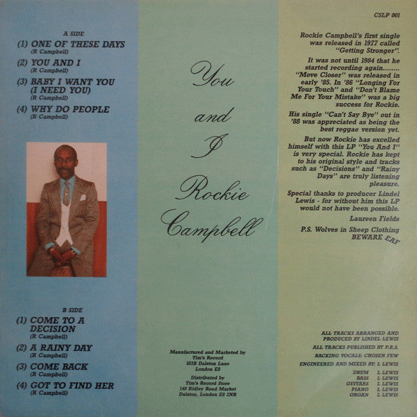 Image of Back Cover of 4024219E: LP - ROCKIE CAMPBELL, You And I (Clouds; CSLP 001, UK 1989) Marks and scuffs, plays through ok. SWOL.  VG+/G