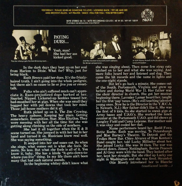 Image of Back Cover of LP - VG/G+ - RUTH BROWN, Black Is Brown and Brown is Beautiful (Skye; SK13, US 1969, Gatefold), Marks on disc. Plays well above grade. Ringwear.,  - 3746100S