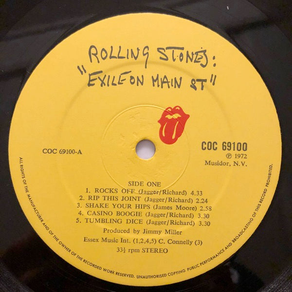 Image of Label Cover of 0224223E: 2xLP - THE ROLLING STONES, Exile On Main St (Rolling Stones; COC69100, UK 1972, Gatefold Centre Loading, No TM Next To Stones Logo On Bottom Right Of Rear Sleeve, 2 Inners, No Cards, Stamped And Hand Written Matrix Numbers, No TM On Rear Lips Logo, Band Name And Title Only On Opening Side Of Sleeve, First Press. ) A2,B2,C2,D1. Misprinted Red / Purple Mark on Sleeve  VG/VG