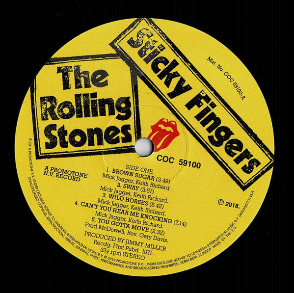 Image of Label Cover of LP - NEW/NEW - THE ROLLING STONES, Sticky Fingers (Rolling Stones Records; 877314, USA & Europe 2020 Reissue, Inner, Half-Speed Remastered, 180g Vinyl,), , Originally released in 1971, now remastered and cut at revelatory Half-Speed at Abbey Road Studios from vinyl specific original tape transfers designed to get the very best possible sound from the format.Sticky Fingers, one of the most revered albums in the storied catalogue of the legendary Rolling Stones gets reissued. The 197