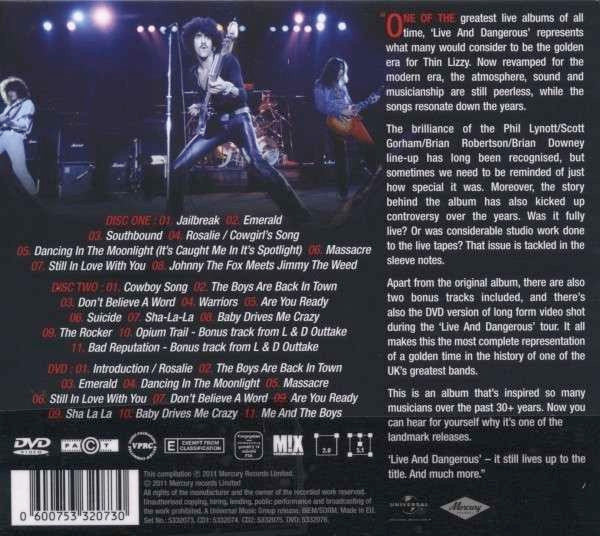 Image of Back Cover of 2xCD - EX/M - THIN LIZZY, Live And Dangerous (Mercury; 5332073, Europe 2011 Reissue, Double Digipak, Booklet, Deluxe Edition With DVD), Still SEALED In Shrinkwrap,  - 2116390C