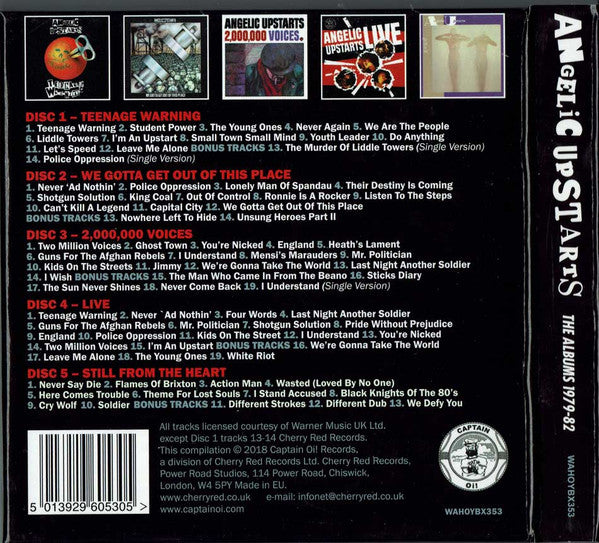 Image of Back Cover of 5xCD - VG+/VG+ - ANGELIC UPSTARTS, The Albums 1979-82 (Captain Oi!; WAHOYBX353, UK 2018, Box Set, Booklet), Clean copy, Packaged in clam-shell heavy card box with each disc in a separate cardboard slipcase with the original release artwork.Included a 20-page booklet. - 3216095C
