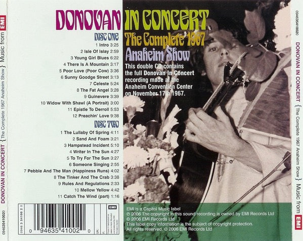 Image of Back Cover of 2xCD - VG+/VG+ - DONOVAN, Donovan In Concert (The Complete 1967 Anaheim Show) (EMI; 094635410020, Europe 2006 Reissue, Double CD Case), ,  - 4016276C