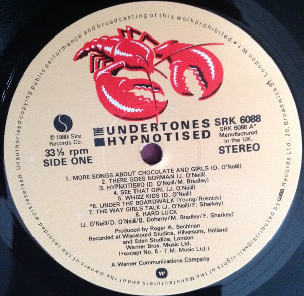 Image of Label of 3314191C: LP - THE UNDERTONES, Hypnotised (Sire; SRK6088, UK 1980, Inner & Insert, Insert is Lobster stencil) Stain on insert.  VG/VG