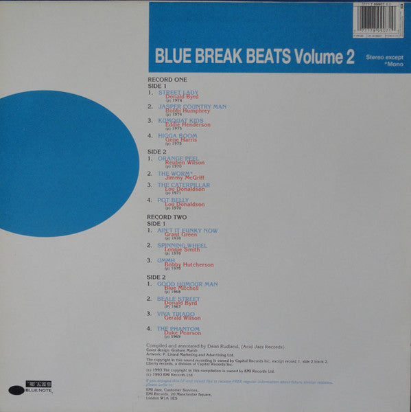 Image of Back Cover of 2xLP - VG+/VG - VARIOUS, Blue Break Beats Vol 2 (Blue Note; BI-89907, UK 1993, Picture Sleeve), ,  - 3226093E