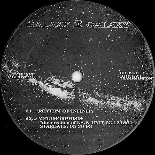 Image of Label Cover of 2x12" - /G+ - GALAXY 2 GALAXY, Galaxy 2 Galaxy (Underground Resistance; UR 025, US 1993, Generic Black Sleeve, Large Ring Labels), Marks on either side of each disc, with particularly noticeable scratches on b1, causing surface noise throughout., A1	Hi-Tech Jazz (The Science)	A2	Hi-Tech Jazz (The Elements)	B1	Journey Of The DragonsB2	Star Sailing		C1	Astral Apache (Star Stories)	C2	Deep Space 9 (A Brother Runs This Ship)	D1	Rhythm Of Infinity	D2	Metamorphosis (The Creation Of 