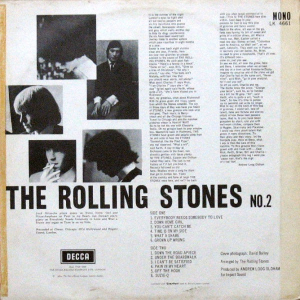 Image of Back Cover of 4744099S: LP - THE ROLLING STONES, No 2 (Decca Red Boxed; LK 4661, UK 1970 Reissue, Non Flipback, Laminated Front Sleeve, Mono, BIEM NCB Boxed, No "blind man" text) Beautiful LP, back cover has a small amount of foxing, a couple of laminate creases  VG+/VG+