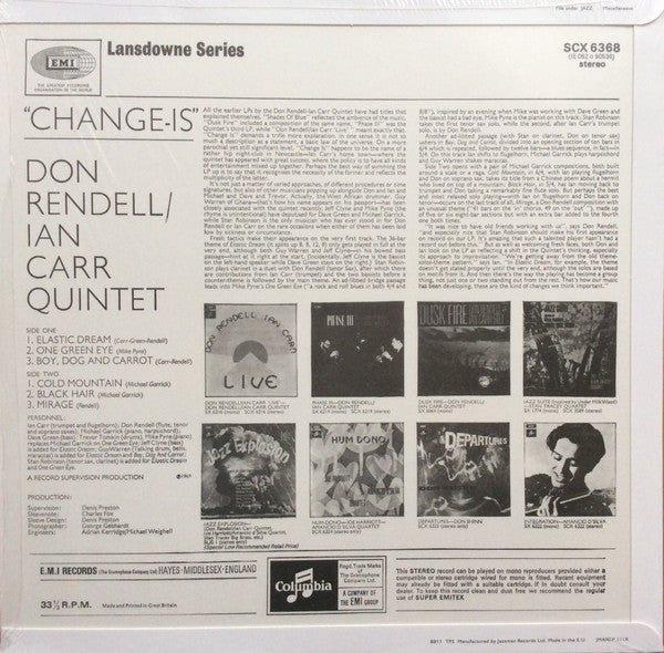 Image of Back Cover of 4844078S: LP - THE DON RENDELL / IAN CARR QUINTET, Change Is (Jazzman; JMANLP 111X, UK 2019 Reissue, Picture Sleeve, Inner, 180 Gram Vinyl. Stereo.) Light mottling.  VG+/VG