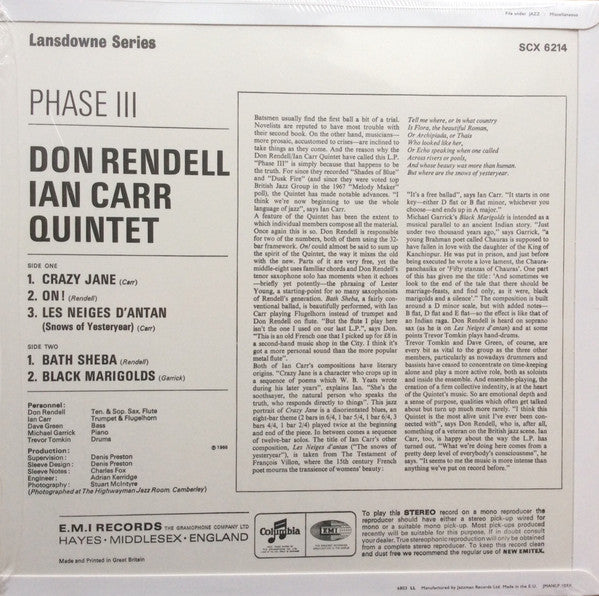 Image of Back Cover of 4844079S: LP - THE DON RENDELL / IAN CARR QUINTET, Phase III (Jazzman; JMANLP109X, UK 2019 Reissue, Flipback Sleeve, Inner, 180 Gram Vinyl. Stereo.)   VG+/VG+