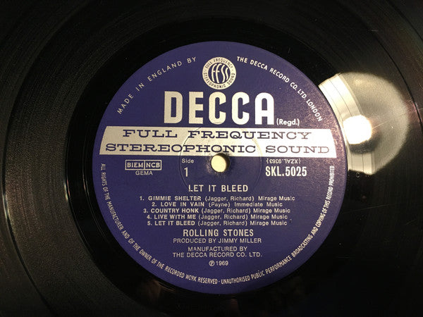 Image of Label Cover of LP - VG/VG - THE ROLLING STONES, Let it Bleed (Decca Blue Unboxed Wideband; SKL5025, UK 1969 Reissue, Laminated Front Sleeve With Sticker and Indicator Hole, Uncensored Inner, No Poster, Stereo, Upton Printing Group Reference on Rear Sleeve, Second Pressing), Light wear and marks on sleeve. Disc is strong VG.,  - 4346199S