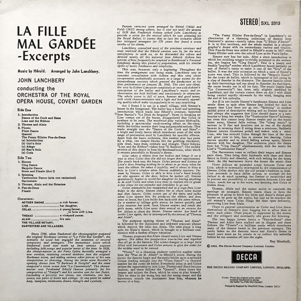 Image of Back Cover of LP - VG+/VG+ - FERDINAND H ROLD, JOHN LANCHBERY, ORCHESTRA OF THE ROYAL OPERA HOUSE, COVENT GARDEN, La Fille Mal Gard e - Excerpts (Decca Black Boxed Narrowband; SXL 2313, UK , Red 'Royal Ballet' Text), ,  - 1326019E