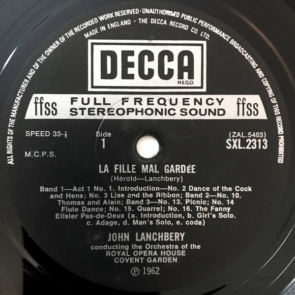Image of Label Cover of LP - VG+/VG+ - FERDINAND H ROLD, JOHN LANCHBERY, ORCHESTRA OF THE ROYAL OPERA HOUSE, COVENT GARDEN, La Fille Mal Gard e - Excerpts (Decca Black Boxed Narrowband; SXL 2313, UK , Red 'Royal Ballet' Text), ,  - 1326019E