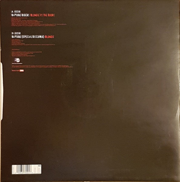 Image of Back Cover of 12" - VG+/VG+ - BLONDIE VS. THE DOORS, Rapture Riders (EMI; 347 550 1, UK 2005, Picture Sleeve, Mash Up Of Rapture And Riders On The Storm), ,  - 3826269E