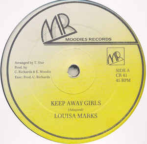 Image of Front Cover of 12" - VG/VG+ - LOUISA MARKS, Keep Away Girls (Moodies Records; CR 41, UK 1988, Reggae Disco 45 Sleeve), Shiny EX copy, stamp on label. Nice Reggae sleeve.,  - 3646387S