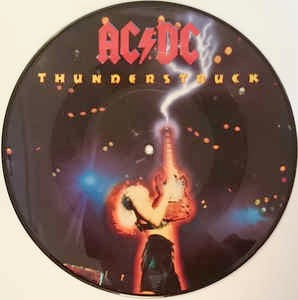 Image of Front Cover of 10" - /G+ - AC/DC, Thunderstruck (WEA; B8907P, UK 1990, Picture Disc, 7" Cut Onto A 10" Disc.), Hairlines and light scuffs all over disc. Original outer PVC with barcode sticker is creased and torn slightly at opening edge.,  - 3126309E