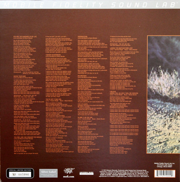 Image of Back Cover of LP - VG/VG - STEVIE WONDER, Talking Book (Mobile Fidelity Sound Lab; MOFI 1-009, US 2011 Reissue, Gatefold, 180 Gram Vinyl. Limited, Numbered Edition.), Light wear and corner bump on gatefold. A few unfeelable hairlines on disc. 003524.,  - 3846109S