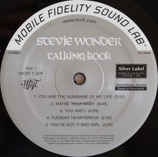 Image of Label Cover of LP - VG/VG - STEVIE WONDER, Talking Book (Mobile Fidelity Sound Lab; MOFI 1-009, US 2011 Reissue, Gatefold, 180 Gram Vinyl. Limited, Numbered Edition.), Light wear and corner bump on gatefold. A few unfeelable hairlines on disc. 003524.,  - 3846109S
