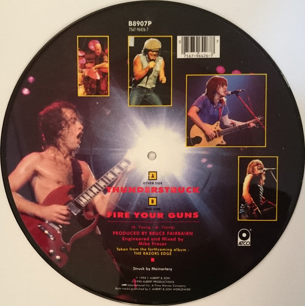 Image of Back Cover of 10" - /G+ - AC/DC, Thunderstruck (WEA; B8907P, UK 1990, Picture Disc, 7" Cut Onto A 10" Disc.), Hairlines and light scuffs all over disc. Original outer PVC with barcode sticker is creased and torn slightly at opening edge.,  - 3126309E