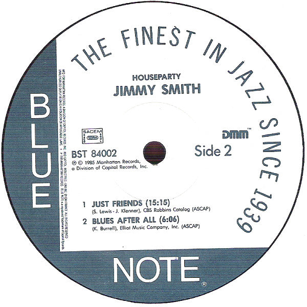 Image of Label Cover of LP - VG+/VG - JIMMY SMITH, House Party (Blue Note; BST 84002, France 1985 Reissue, Pasteback Sleeve, Company Inner, Stereo, DMM (Direct Metal Mastering)), ,  - 3326207E