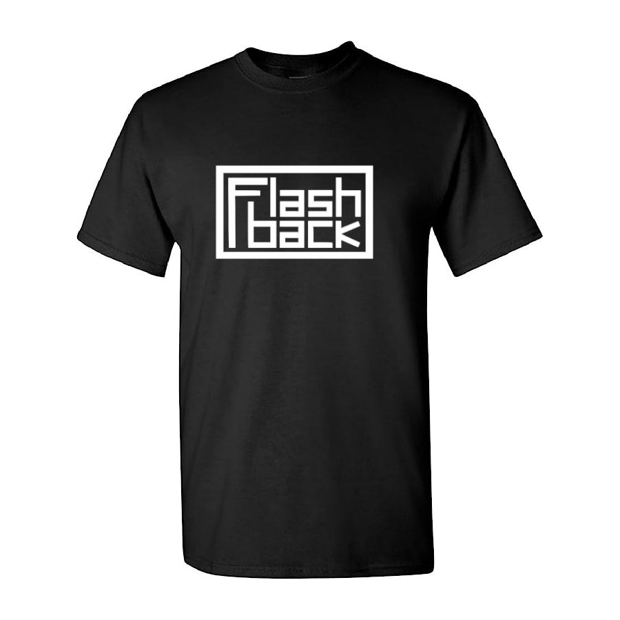 Image of Front Cover of 1133184E: Accessories - FLASHBACK LOGO T-SHIRT, White Logo On Black Shirt - Large (, UK , Gildan Heavy Cotton)   NEW/NEW