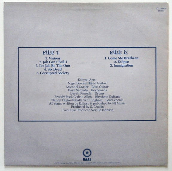 Image of Back Cover of LP - VG/VG+ - THE ECLIPSE BAND, Eclipsed (Baal; BAL 89005, UK 1978), Shiny disc, light lines only. Touch of ringwear on sleeve.,  - 2826157E