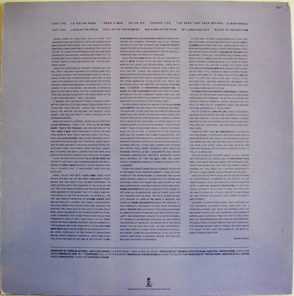 Image of Back Cover of LP - VG/VG+ - GRACE JONES, Island Life (Island Colourband Rim; GJ 1, UK 1985, Glossy Gatefold), ,  - 2426048E