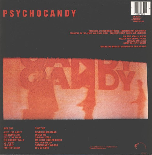 Image of Back Cover of 5124287E: LP - THE JESUS AND MARY CHAIN, Psychocandy (Blanco y Negro; BYN7, UK 1985, Inner, No Chequered Flag On Labels. Damont Matrix.) Sleeve has a little ringwear and some small creases. The vinyl is glossy.  VG/VG+