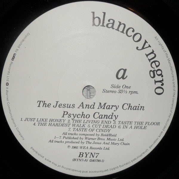 Image of Label Cover of 5124287E: LP - THE JESUS AND MARY CHAIN, Psychocandy (Blanco y Negro; BYN7, UK 1985, Inner, No Chequered Flag On Labels. Damont Matrix.) Sleeve has a little ringwear and some small creases. The vinyl is glossy.  VG/VG+