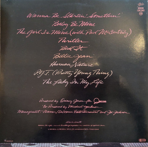 Image of Back Cover of 5144317S: LP - MICHAEL JACKSON, Thriller (Epic; EPC 85930, Netherlands 1982, Gatefold, Inner, Hype sticker on front sleeve) Strong VG+ Name indented on sleeve (only seen at an angle)  VG+/VG+