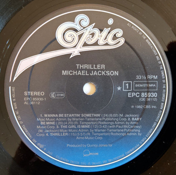 Image of Label Cover of 5144317S: LP - MICHAEL JACKSON, Thriller (Epic; EPC 85930, Netherlands 1982, Gatefold, Inner, Hype sticker on front sleeve) Strong VG+ Name indented on sleeve (only seen at an angle)  VG+/VG+