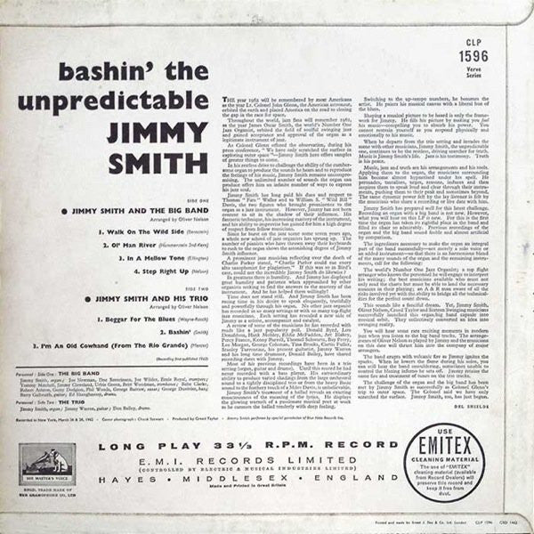 Image of Back Cover of LP - VG/VG - JIMMY SMITH, Bashin' - The Unpredictable Jimmy Smith (His Master's Voice; CLP 1596, UK 1962, Laminated Front Flipback Sleeve, Mono), Hairlines, name written on back cover,  - 2846098S