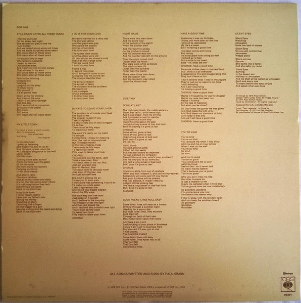 Image of Back Cover of LP - VG/VG+ - PAUL SIMON, Still Crazy After All These Years (CBS; S 86001, UK 1975, Embossed Sleeve, Inner), ,  - 1826054E
