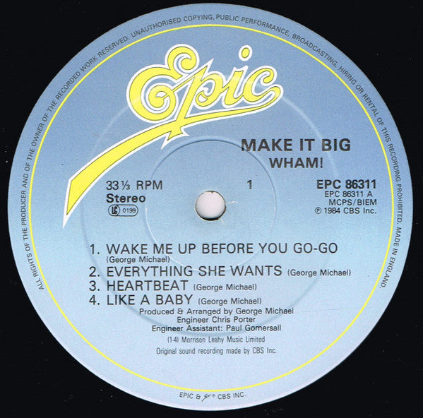 Image of Label Cover of 2324380E: LP - WHAM!, Make It Big (Epic; EPC 86311, UK 1984, Inner & Insert) Includes poster and postcard!  VG/VG+