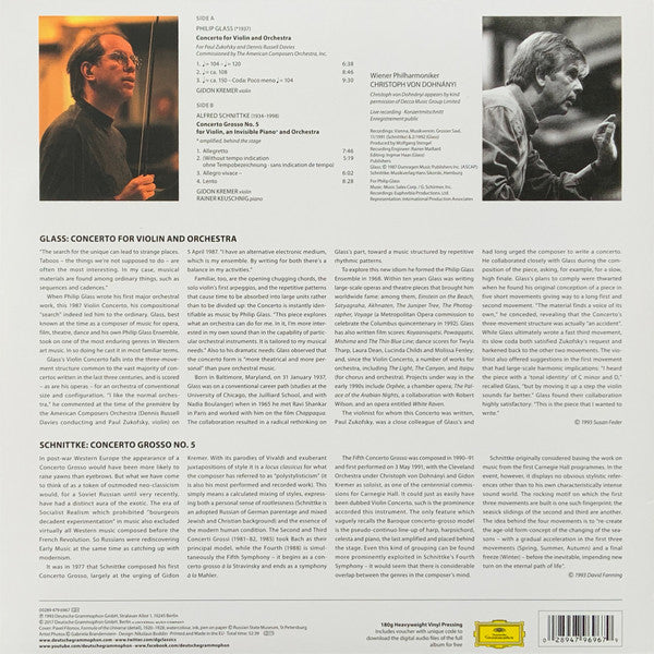 Image of Back Cover of 4824223E: LP - PHILIP GLASS, ALFRED SCHNITTKE, Violin Concerto / Concerto Grosso No. 5 (Deutsche Grammophon; 00289 479 6967, Germany 2017 Reissue, 180 Gram Vinyl) Unplayed, Opened Instore, Still In Stickered Shrinkwrap  EX/EX