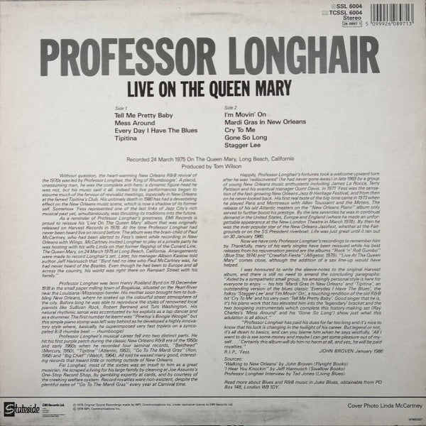Image of Back Cover of LP - VG/VG - PROFESSOR LONGHAIR, Live On The Queen Mary (Stateside; SSL 6004, UK 1986 Reissue), Disc is glossy with some scuff marks. Beginings of a burst seam to sleeve.,  - 1416012C
