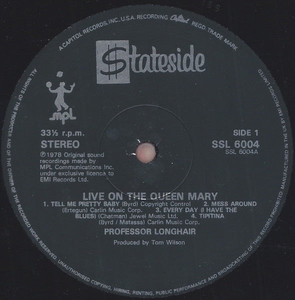 Image of Label Cover of LP - VG/VG - PROFESSOR LONGHAIR, Live On The Queen Mary (Stateside; SSL 6004, UK 1986 Reissue), Disc is glossy with some scuff marks. Beginings of a burst seam to sleeve.,  - 1416012C