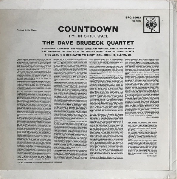 Image of Back Cover of LP - VG/VG - THE DAVE BRUBECK QUARTET, Countdown Time In Outer Space (CBS; BPG 62013, UK 1962, Laminated Flipback Sleeve, Mono), Light marks only. Writing on reverse.,  - 3216133C