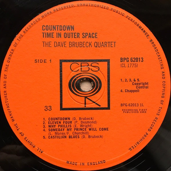 Image of Label Cover of LP - VG/VG - THE DAVE BRUBECK QUARTET, Countdown Time In Outer Space (CBS; BPG 62013, UK 1962, Laminated Flipback Sleeve, Mono), Light marks only. Writing on reverse.,  - 3216133C