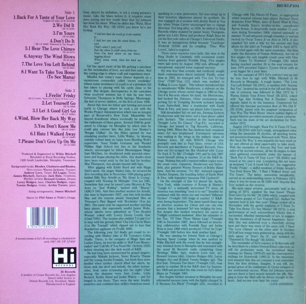Image of Back Cover of LP - VG+/VG+ - SYL JOHNSON, The Love Chimes (Hi Records; HI UK LP 404, UK 1986 Reissue, Insert), ,  - 1516159C