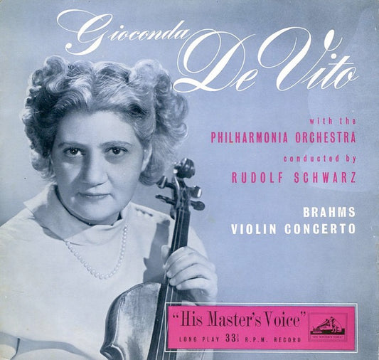 Image of Front Cover of 4824097E: LP - GIOCONDA  DE VITO, RUDOLF SCHWARZ, PHILHARMONIA ORCHESTRA, Brahms Violin Concerto (His Master's Voice; ALP 1104, His Master's Voice    ALP. 1104, UK , Laminated Scalloped Flipback Sleeve) Small Tear in Taped Sleeve Opening, Edge Wear  G+/VG