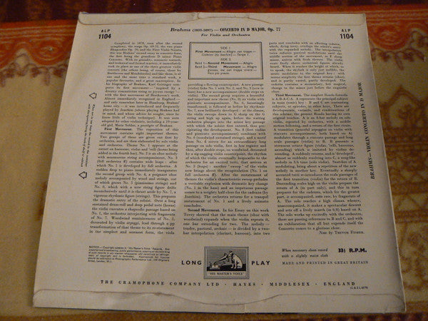 Image of Back Cover of LP - G+/VG - GIOCONDA  DE VITO, RUDOLF SCHWARZ, PHILHARMONIA ORCHESTRA, Brahms Violin Concerto (His Master's Voice; ALP 1104, His Master's Voice    ALP. 1104, UK , Laminated Scalloped Flipback Sleeve), Small Tear in Taped Sleeve Opening, Edge Wear,  - 4824097E