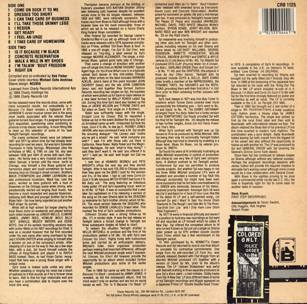 Image of Back Cover of LP - G+/VG - SYL JOHNSON, Is It Because I'm Black (Charly R&B; CRB 1125, UK 1986), Light marks. Heavy wear to sleeve with small tear.,  - 4426172E