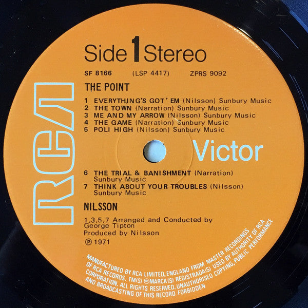 Image of Label Cover of LP - VG+/G+ - NILSSON, The Point (RCA Victor Orange with Stereo Text; SF8166, UK 1971, Gatefold, Booklet), Light wear to cover. Booklet is pristine.,  - 2646057S
